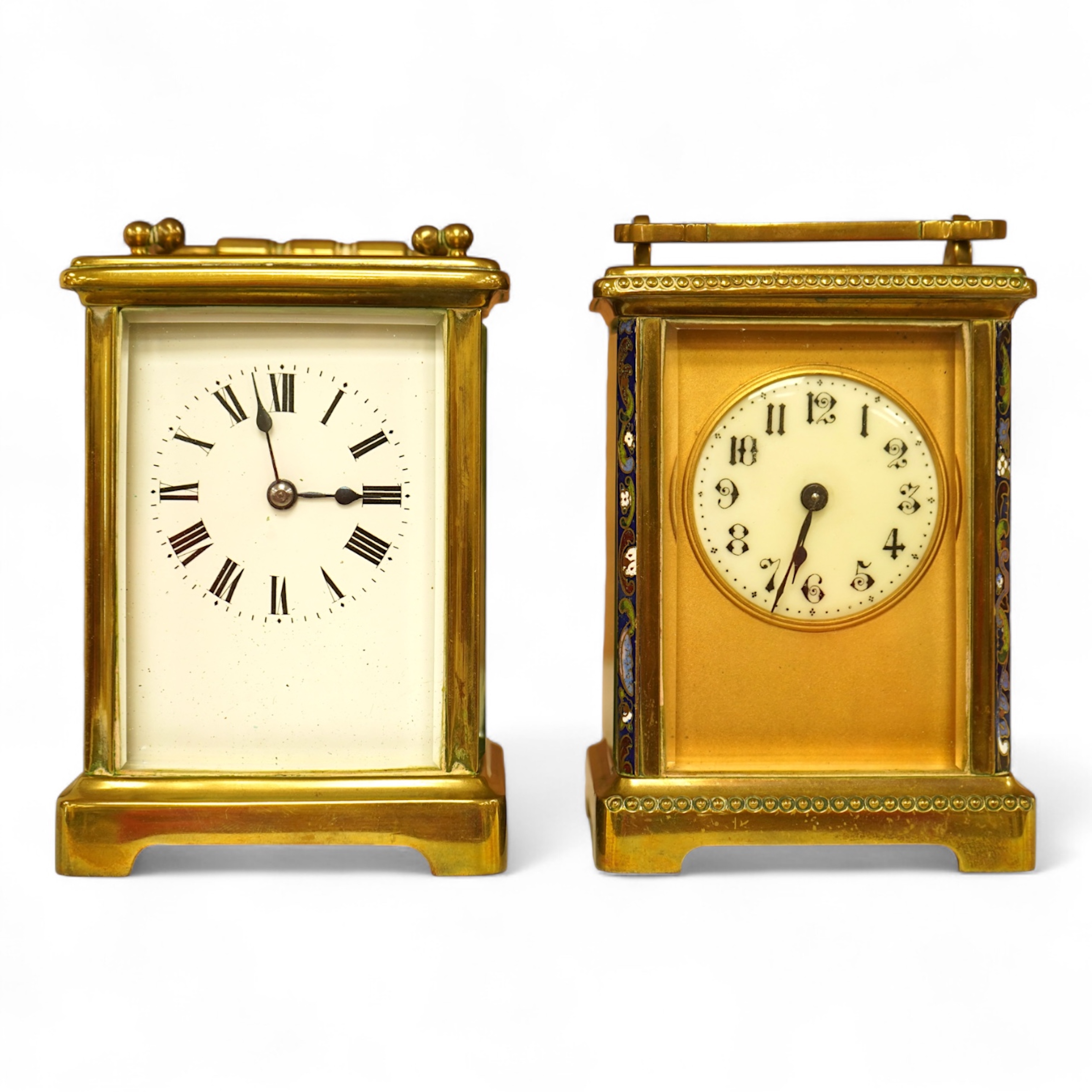 A lacquered brass champleve enamel carriage timepiece and one other, no keys, largest 15cm high